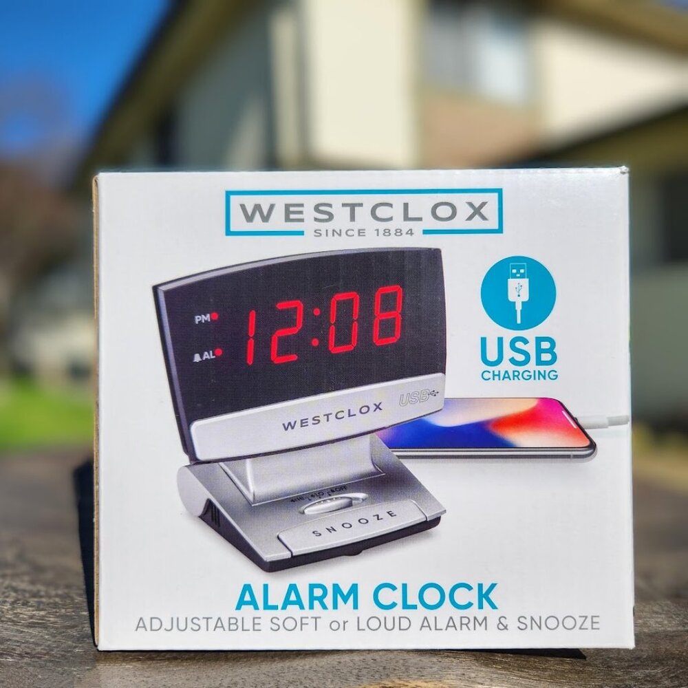 Digital Desk Table Alarm Clock with USB Charging Port Black Silver LED Large